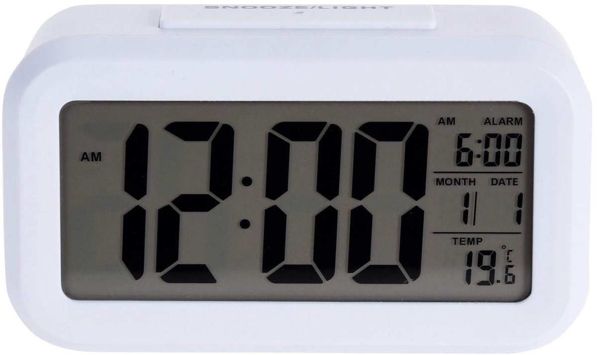 Dailygoody - Digitale wekker - Groot lcd-display - Stille achtergrondverlichting - Wit - Temperatuur en datum - Perfect voor slaapkamer en kantoor