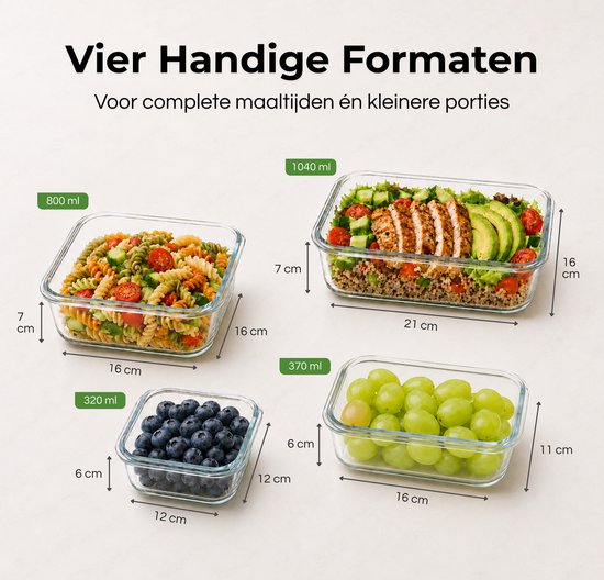 Five Stars® Boîtes de conservation en verre - 12 pièces - Boîtes de préparation de repas - Boîtes de congélation hermétiques - Avec couvercle - 320 ml, 370 ml, 800 ml et 1040 ml