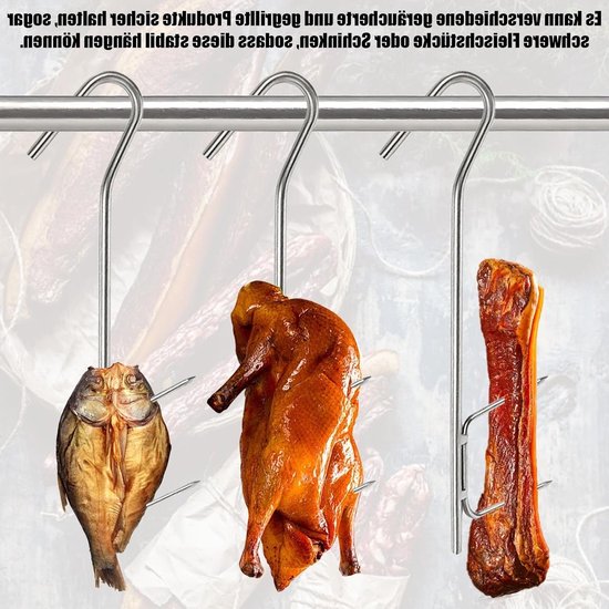 RVS Dubbele Haken van 21 cm voor het Roken van Worst, Vlees en Vis - Ideaal voor Rookoven en BBQ van rvs — afbeelding 4