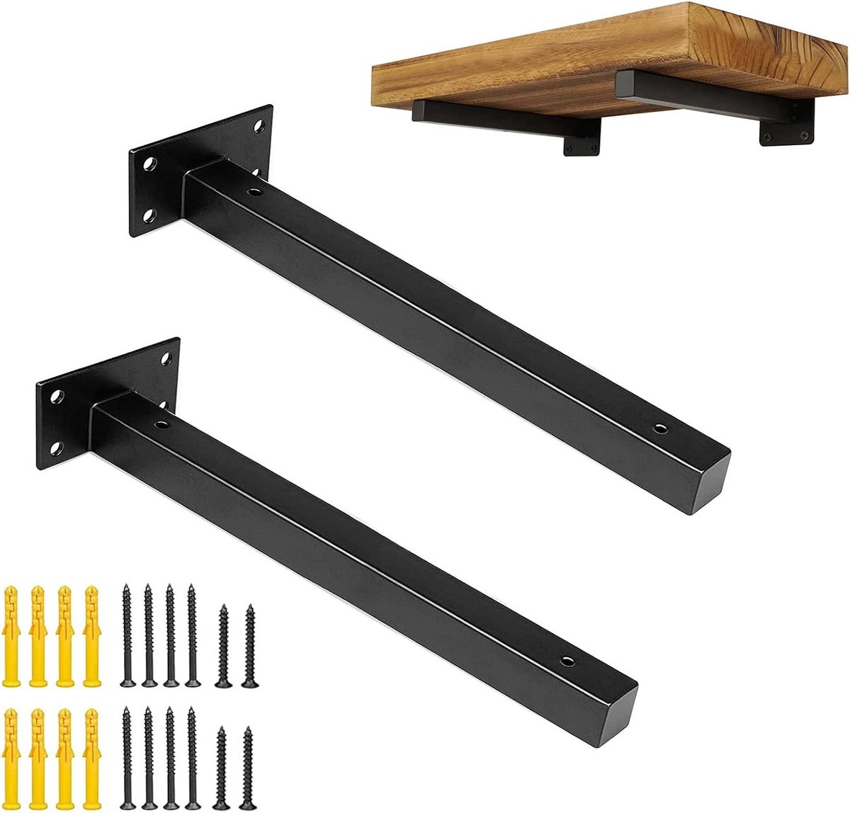 Set van 2 Stalen Hoekplankhouders, Zwarte Plankdragers voor Wandplanken, Sterk en Duurzaam met Schroeven en Ankers, Ideaal voor Houten Planken en Opbergruimte