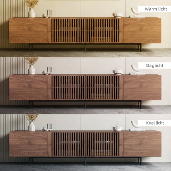 Tv-meubel van walnoothout met lamellenfront, getoond in warm, daglicht en koel licht.
