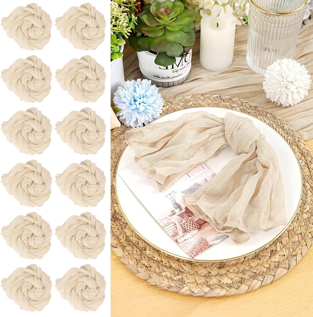 30 Stuks 50 cm Beige Mesh Servetten van Katoen met Plooien, Vintage Boho Handgeverfd, Perfect voor Bruiloften en Feesten