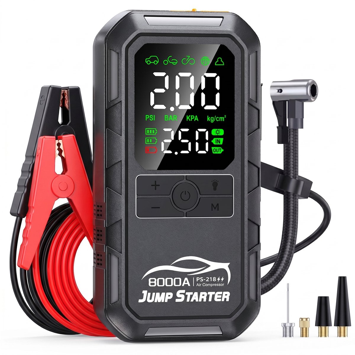 Ryoudavell - Jumpstarter voor Auto met Compressor - 8000A - 4-in-1 Starthulp met Powerbank, LED Zaklamp en SOS Noodlicht - Startkabels met Accu - Startbooster