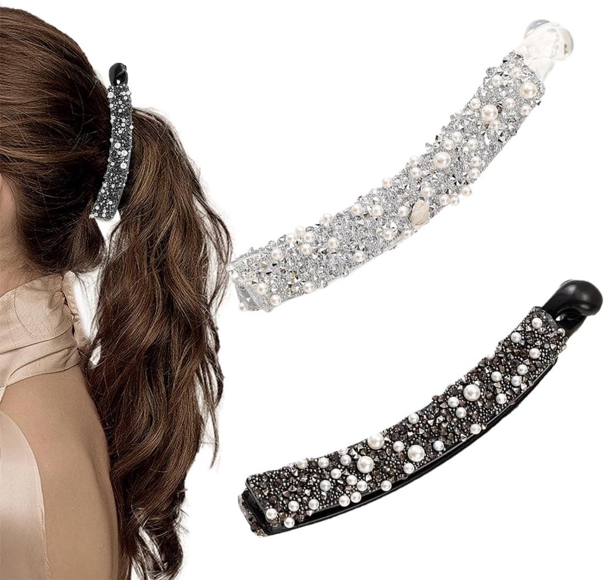 Dailygoods - Bananenspeld - Vintage haarspelden - Antislip paardenstaart houder - Zwart en wit - Strass parel haaraccessoires - Geschikt voor dames -