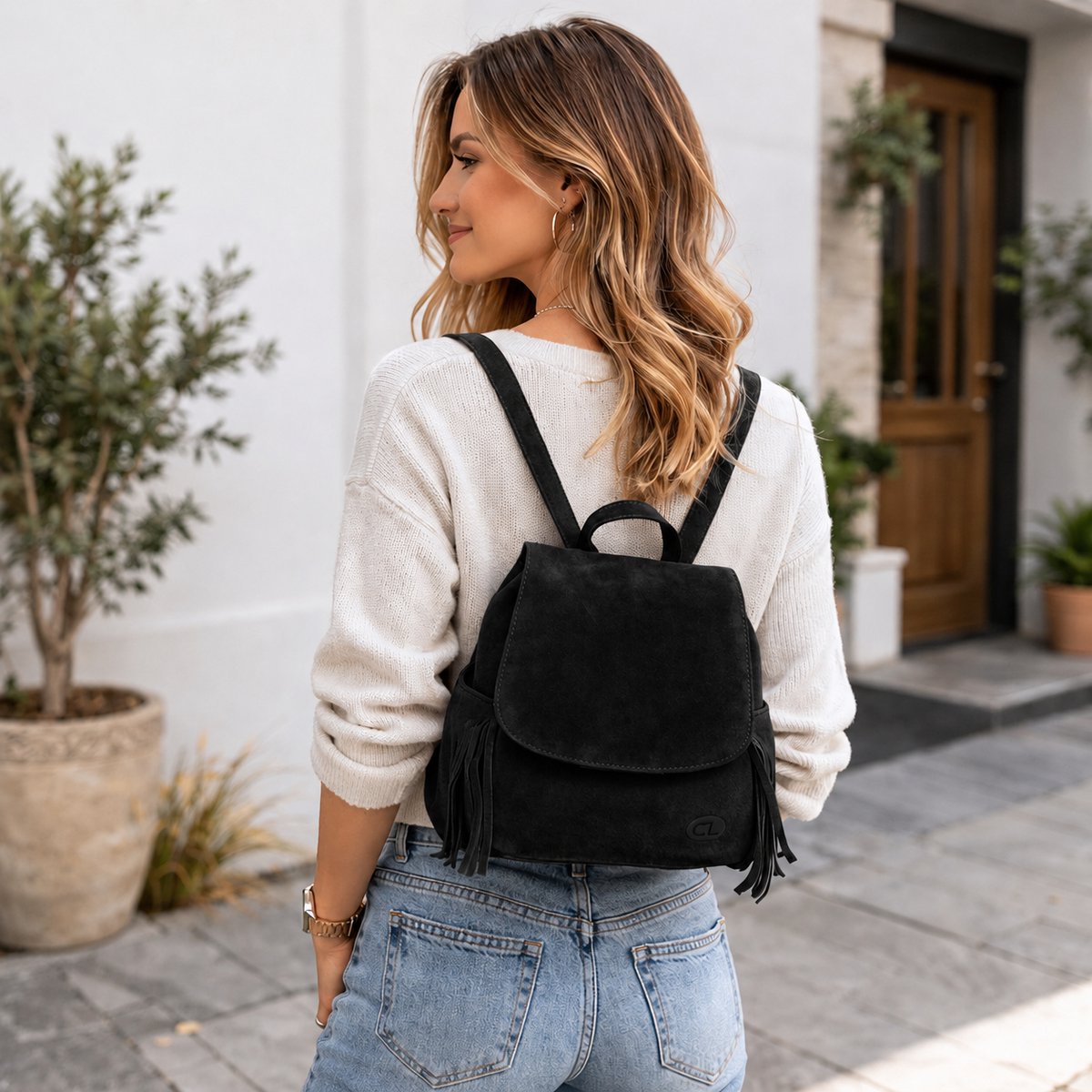 Castillo Suede Vibes Leren Franje Rugzak 5 Liter - Kleine Dames Rugtas van Leer - Zwart