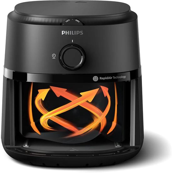 Zwarte Philips Airfryer met een visuele weergave van hetelucht circulatie.
