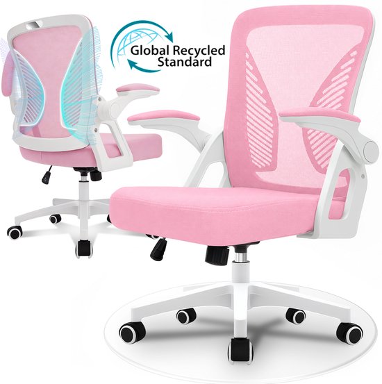 Milacyee Bureaustoel - Ergonomische Bureaustoel – Verstelbare Gaming/Computerstoel met Mesh Rug & Lendensteun – 90° Opklapbare Armleuningen – Directiestoel met Stille Wieltjes – Tot 102 kg Belasting - Roze - Geschikt voor thuiswerk en kantoor