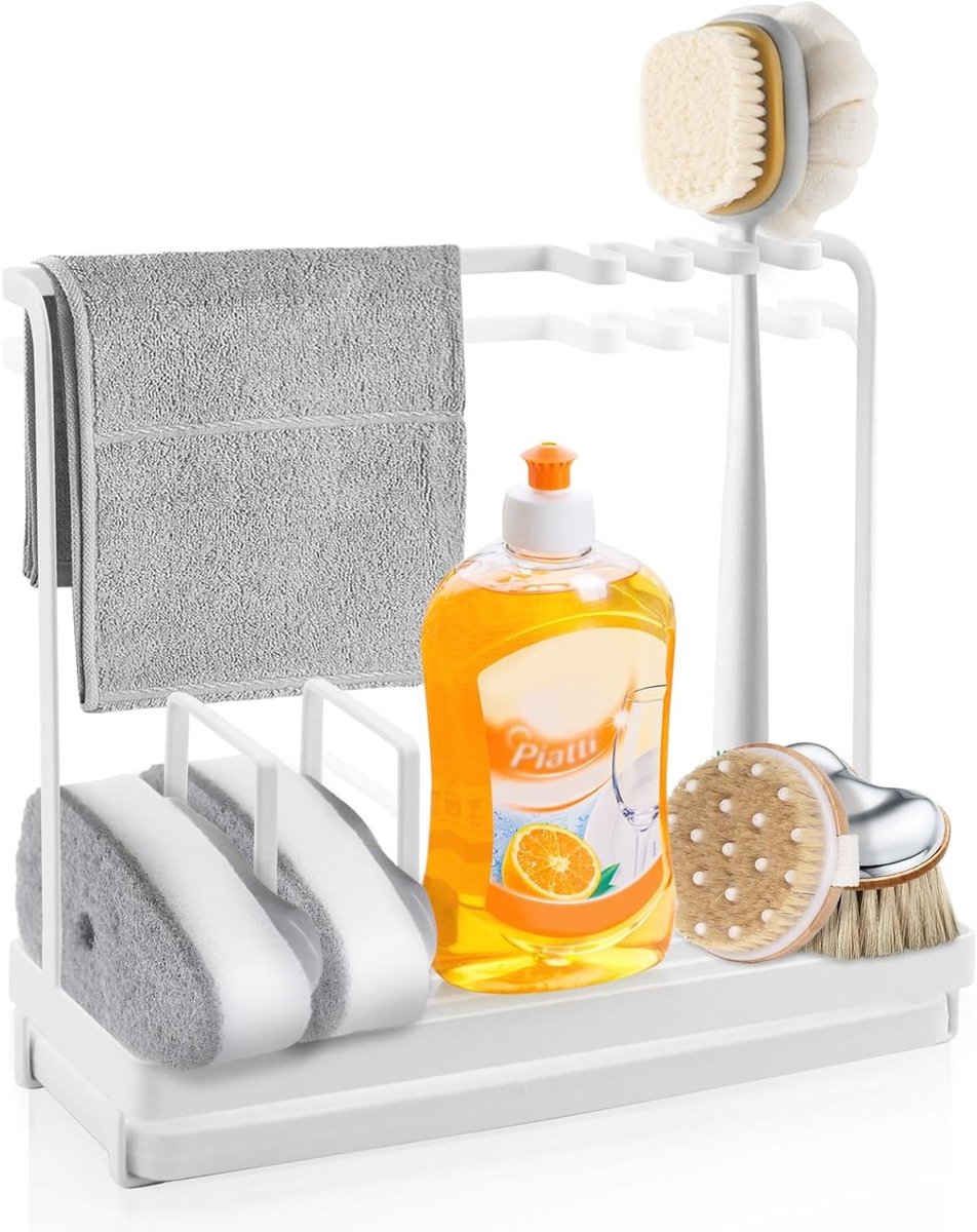 Stalen Afwasbak Organizer 25 cm x 9 cm x 22 cm met Afvoerbak voor Keuken - Sponshouder, Afwasborstel en Vaatwasmiddel Dispenser (Wit)