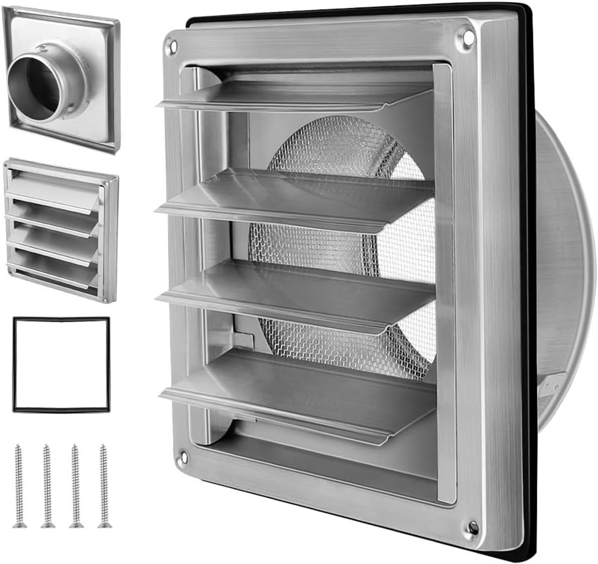 Ventilatie rooster 150 mm van roestvrij staal met muskietennet, rubberen afdichting en bevestigingsschroeven voor ventilatiesystemen en afzuigkappen
