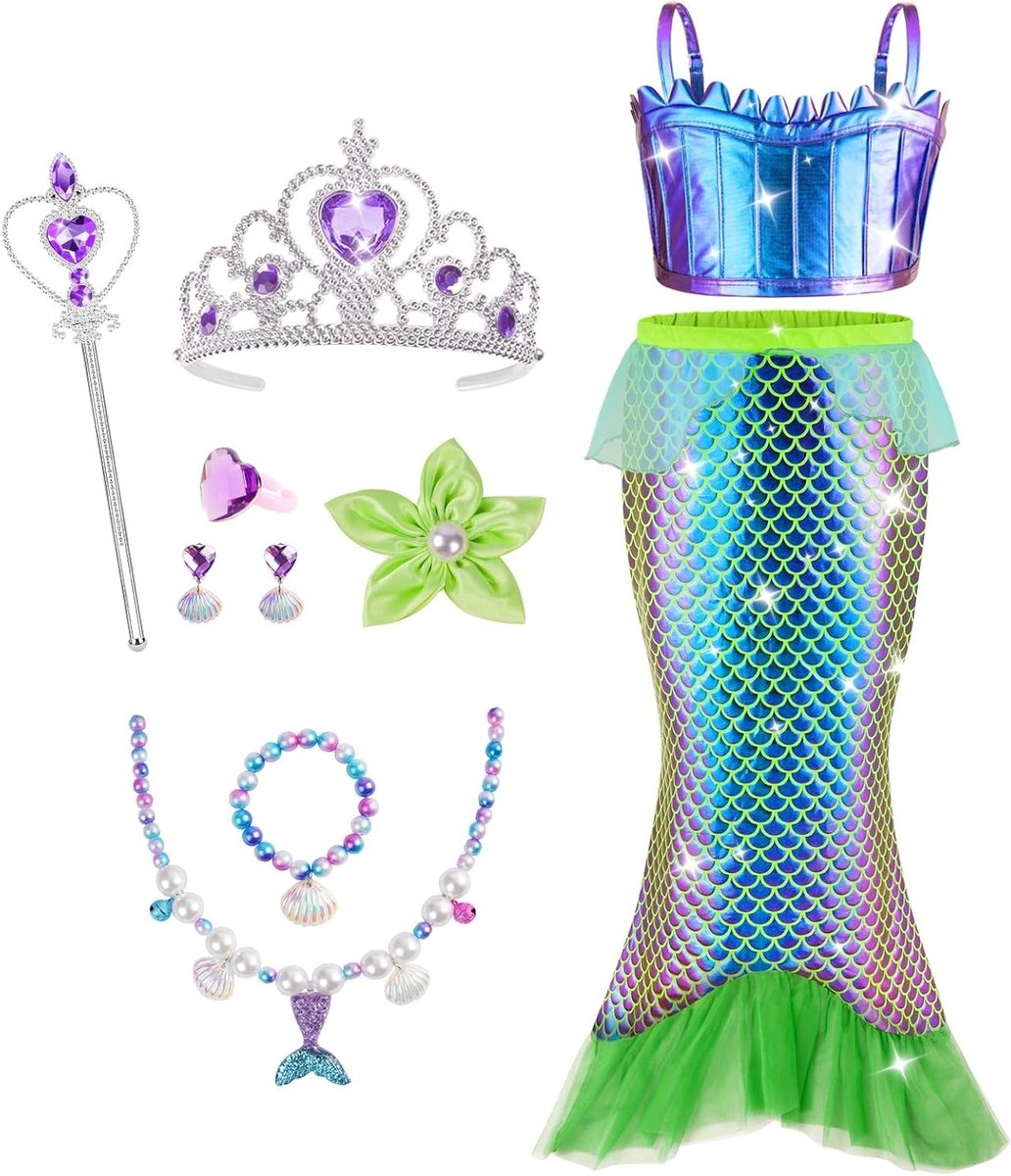 9-delige Zeemeermin Kostuum voor Meisjes met Topjes, Rokjes, Scepter, Ketting en Oorbellen voor Halloween, Verjaardagsfeest en Carnaval