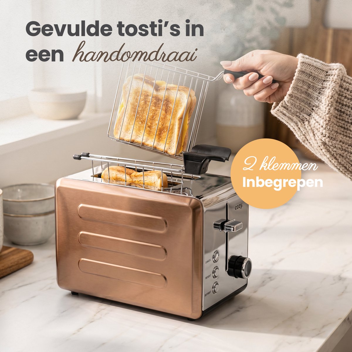 cozy.® Metalen Broodrooster met Tostiklemmen - Tosti Apparaat 815W - Retro Tosti Ijzer & Toaster - Brede Sleuven & 6 Standen - Ontdooi & Verwarm functie - Inclusief E-book - Rosé Goud thumbnail 3