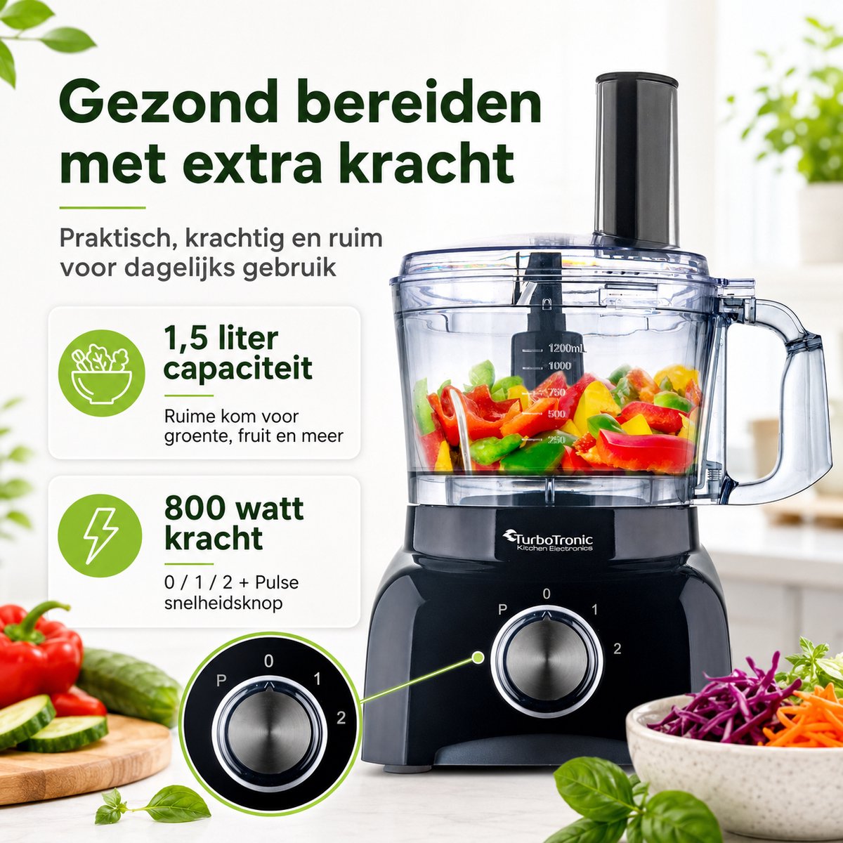 TurboTronic FP800 Foodprocessor - Keukenmachine - 1.2 Liter - 800W - Zwart thumbnail 5