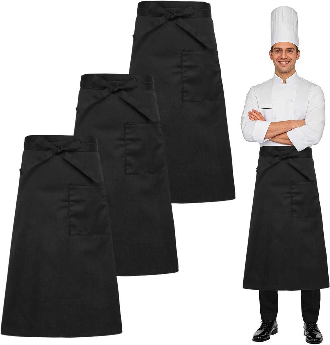 Set van 3 Unisex Restaurant Schorten met Pocket, Halve Keuken Schorten voor Chefs en Bediening, Ideaal voor Bistro, Café en Catering, Afmeting 69x68cm