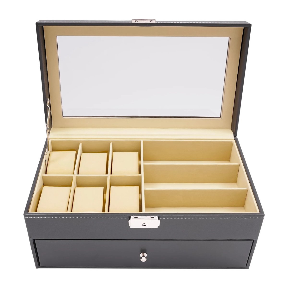 Cellista Horlogedoos - Sieradendoos - Horloge Opbergdoos - Brillen Organizer - Display Box met Glazen Deksel - 6 Horloges en 9 Brillen - Zwart