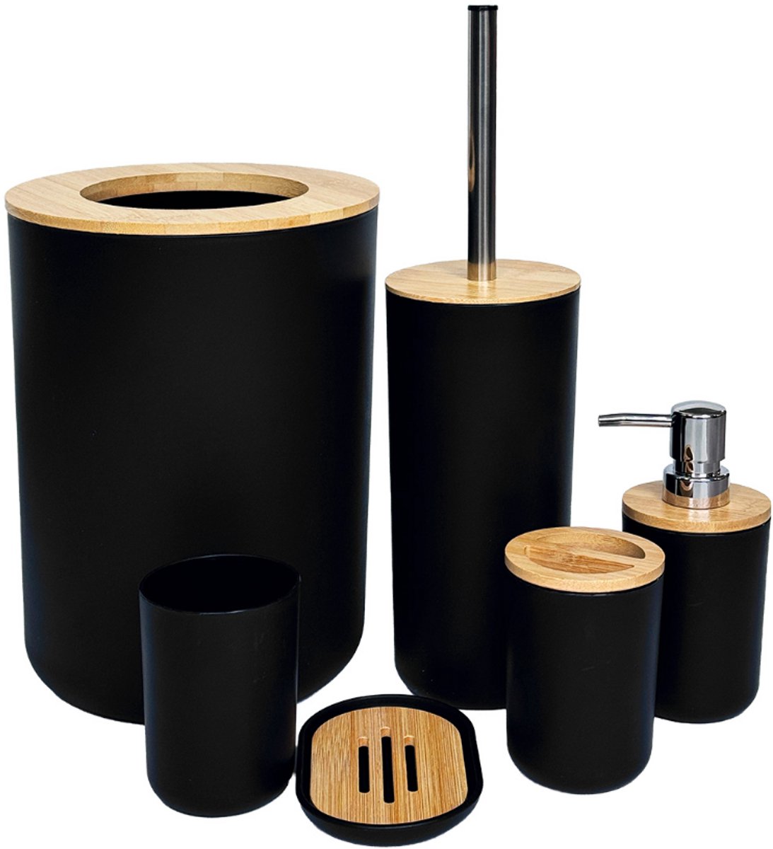 6-Delige Badkamer Accessoires Set – Zwart/Beige met Bamboe Details