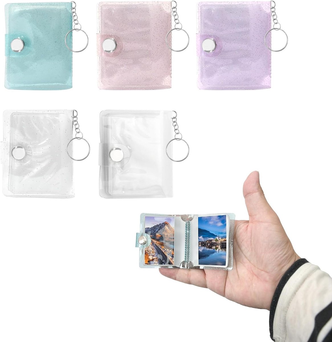 Mini Fotoalbum Set van 5 Stuks met 20 Compartimenten en Sleutelhanger, Draagbare Fotohouder voor 5 cm Foto's, Persoonlijke Fotocadeaus in 5 Kleuren