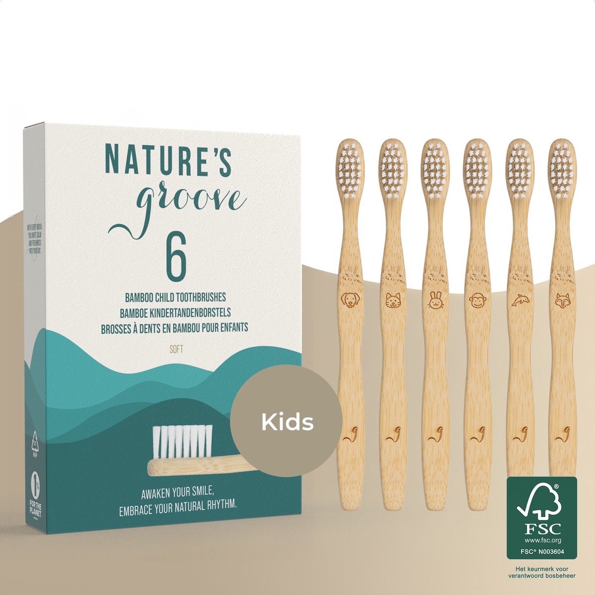 Nature's Groove® Bamboe Kindertandenborstels - Set van 6 - Handtandenborstel - Houten Tandenborstel - Baby - Handmatig