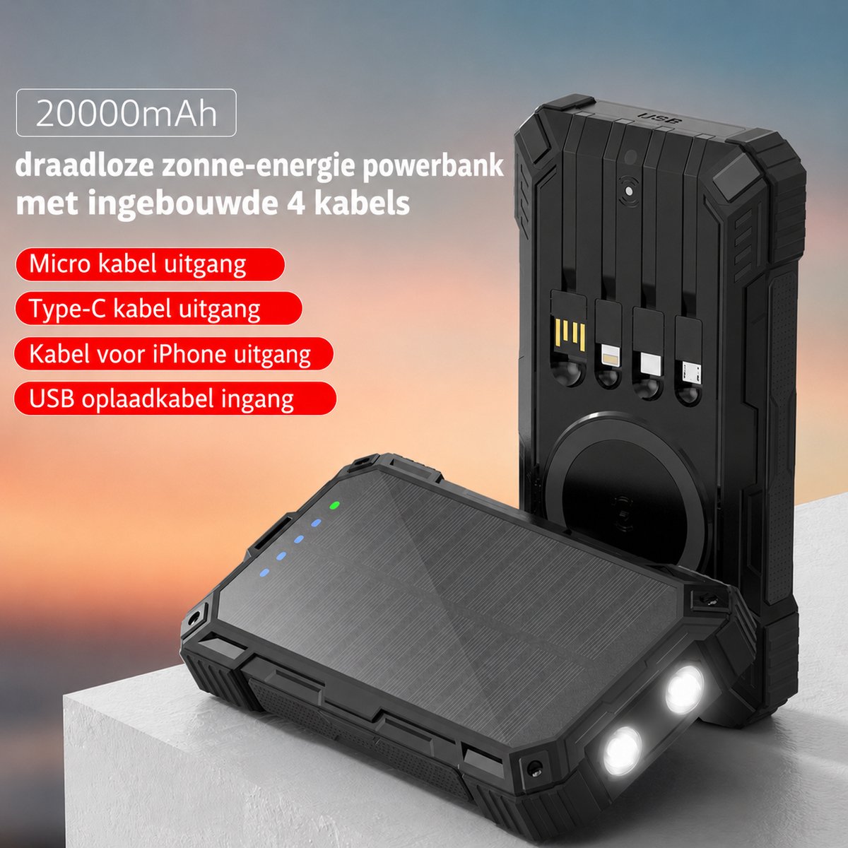 NexZone solar Powerbank - 20000mAh - Zonneenergie - Snelladen - Noodpakket -Draadloos Laden - Incl. kabels/Zaklamp - Zwart met Groen