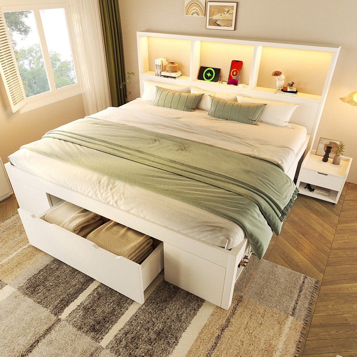 KOMHTOM - Bed - 140x190 cm - wit - met opbergruimte - verplaatsbaar nachtkastje (1 stuk) - functioneel tweepersoonsbed van hout - met LED-verlichting en USB-C-oplaadfunctie - bedframe met lades en planken - zonder matras