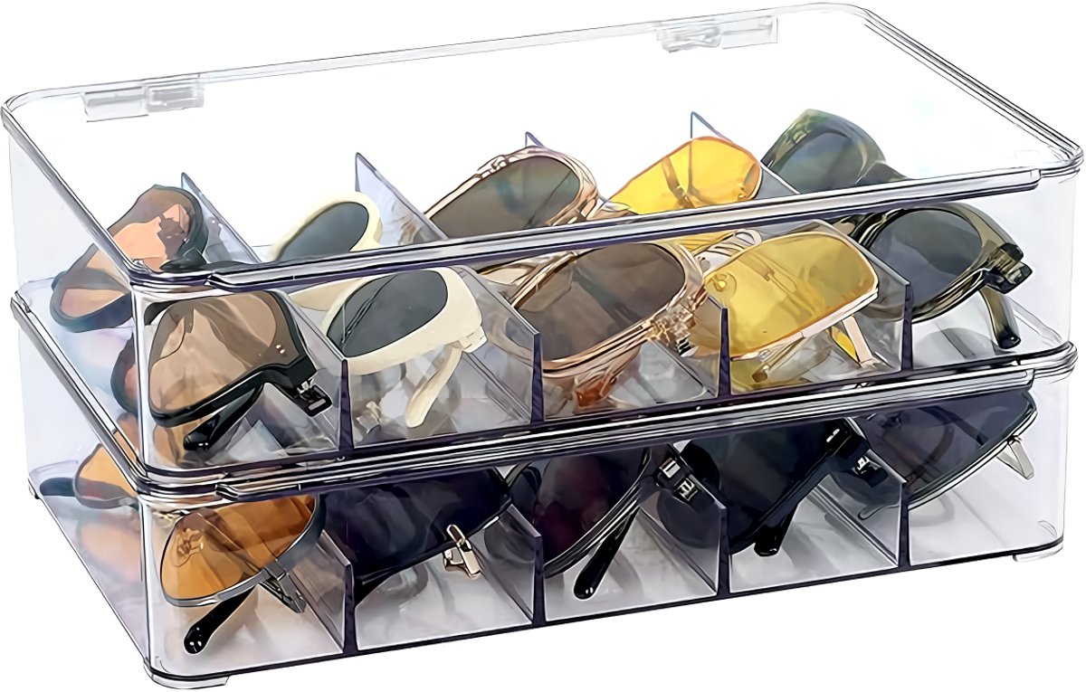 2x Zonnebril Organizer met Klep - 5 Vakken - Stapelbaar - Transparant - Brillenbox - 26×18×6cm