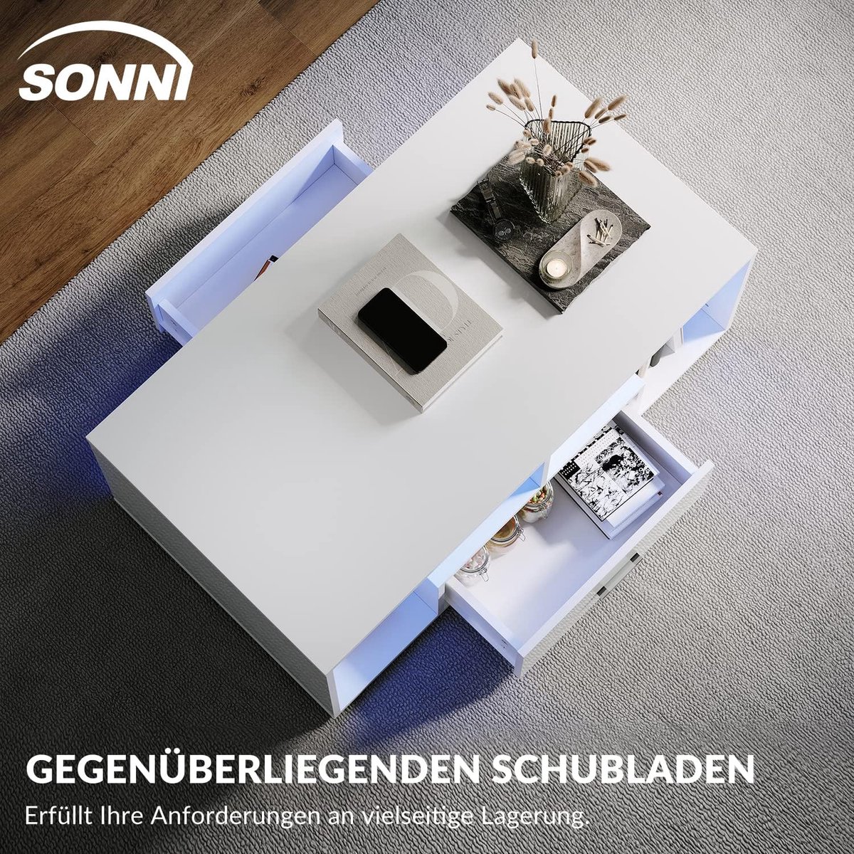 Salontafel met LED Verlichting – House&Garden Luxe Hoogglans Witte Koffietafel 100 cm – Met Lade & Opbergvak – Moderne Woonkamer Tafel met 16 Kleuren LED – Banktafel Design