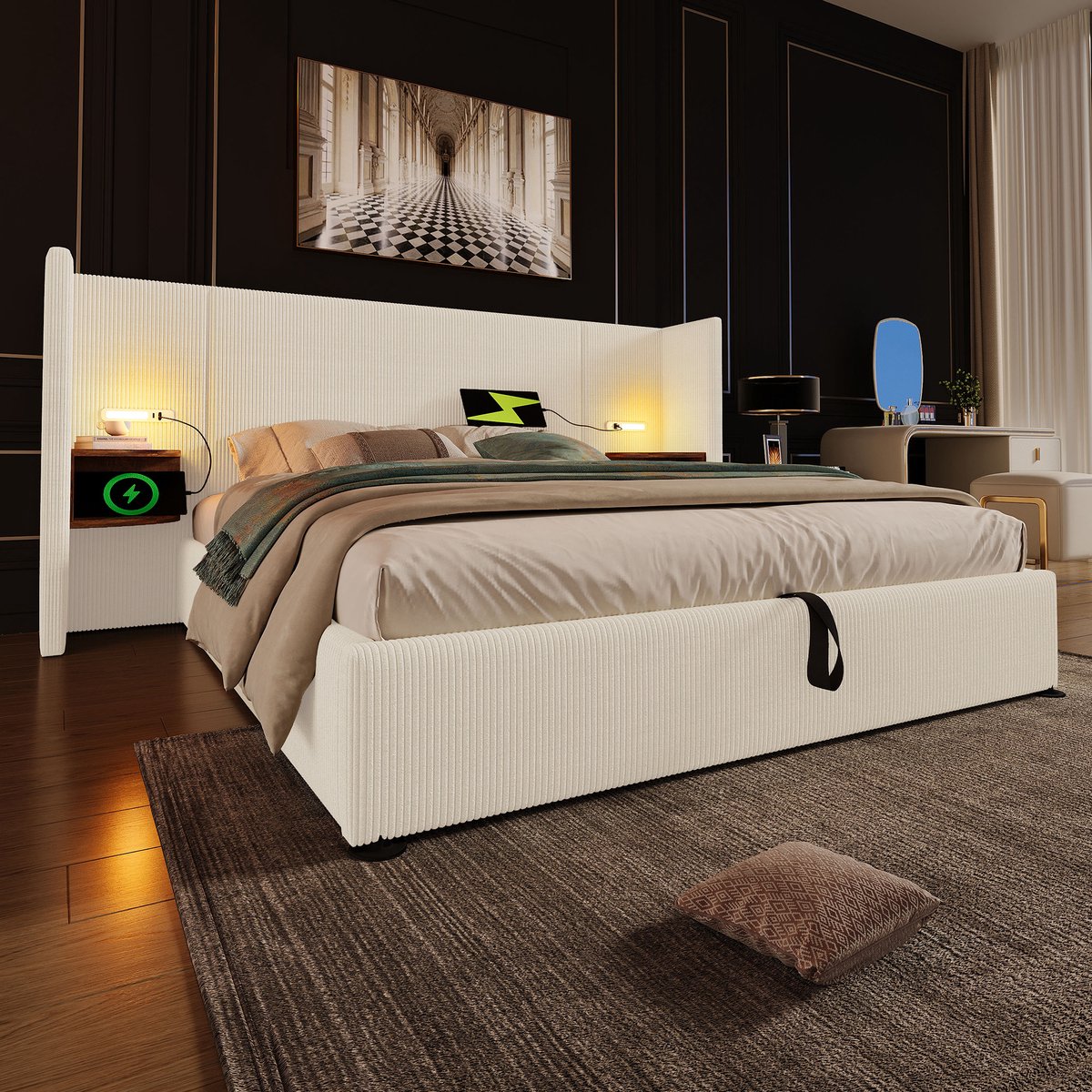 Zubaliya Polsterbett 180x200 cm Doppelbett mit Nachttisch, LED Leselampe & USB/Type-C Ladefunktion, Stauraumbett aus Metall & Massivholz, Cord Beige-Weiß – ohne Matratze Beige/Wit