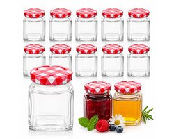 Benza Glazen Voorraadpotjes Set van 10 – 50 ml – Metalen Rood/Wit Geruite Deksel – Kleine Bewaarpotjes / Jampotjes – 4 x 4 x 4,5 cm
