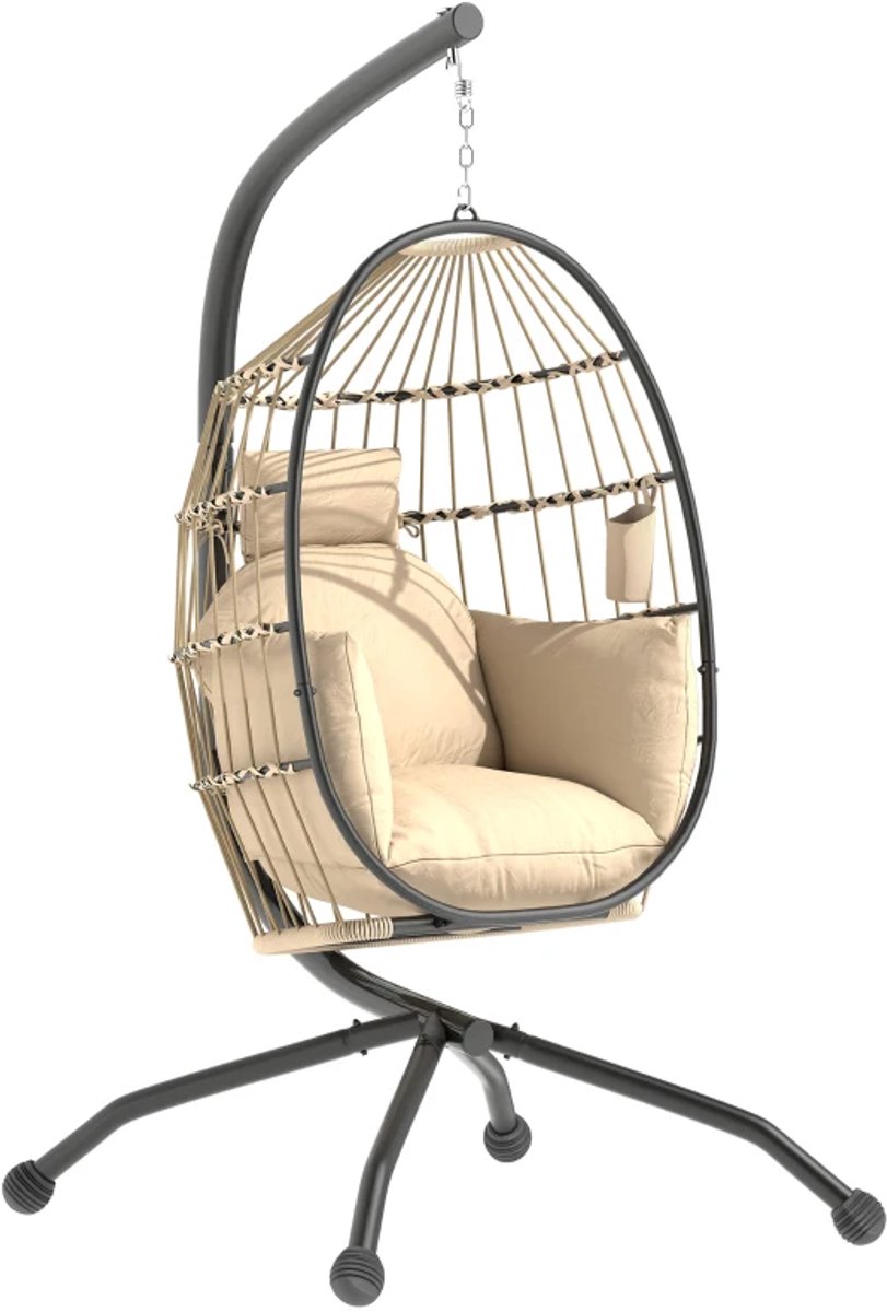 Egg Hangstoel met Standaard, Bekerhouder & Kussen - Egg Chair - Stalen Frame - Opvouwbare Hangschommel - Schommelstoel - Tuinstoel - tot 120 kg - voor Tuin, Terras, Balkon - Kaki