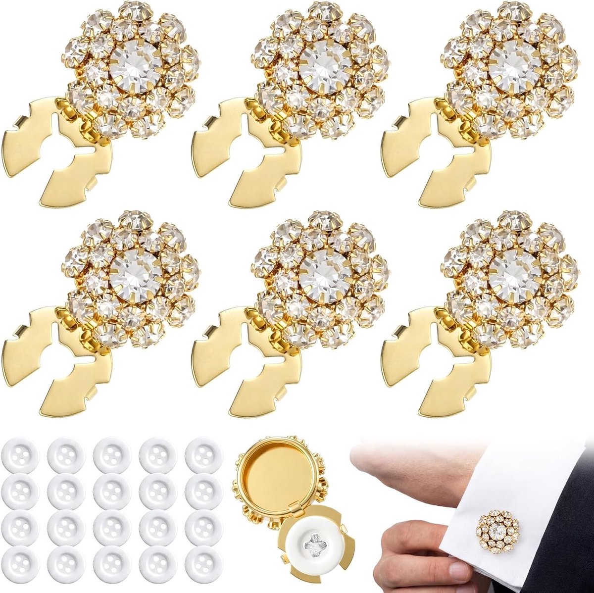 Decoratieve Rhinestone Knopcovers - 6 Stuks, Bloemvormige Knopclips voor Kleding, DIY Accessoires voor Overhemden en Tuxedo's
