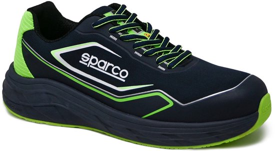 Baskets bleues avec accents verts, logo Sparco et semelle épaisse.