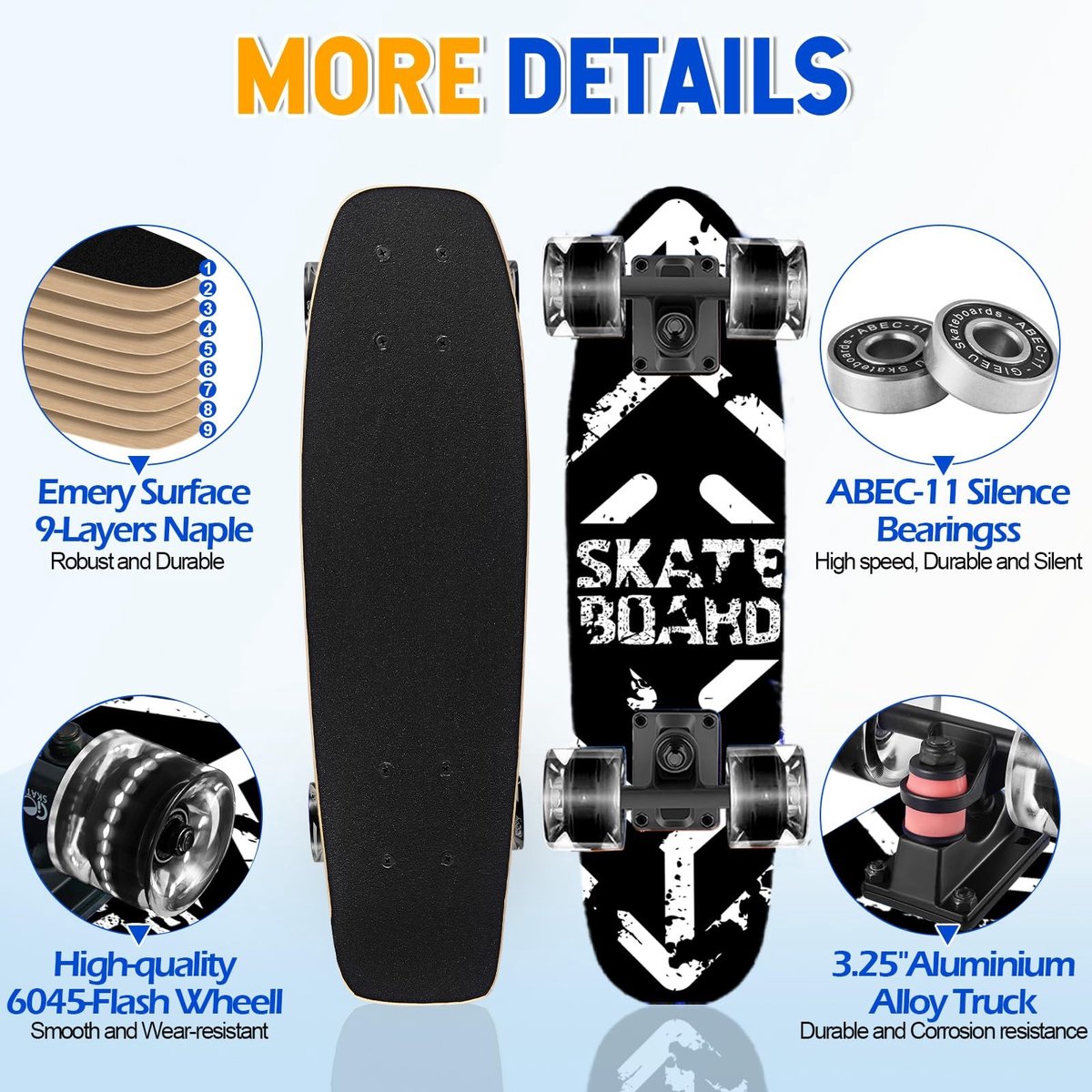 Dailygoods- Skateboard 9-laags esdoorn - Knipperende Wielen - Geschikt voor Kinderen/Volwassenen - Slagvast - Draagvermogen tot 100 kg - Inclusief Schroevendraaier - Skateboard Voor Beginners