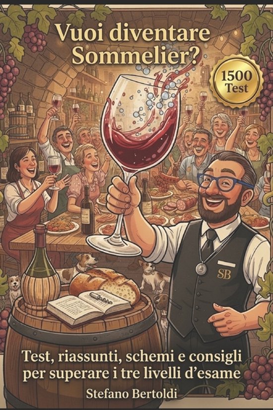 Boekomslag met de titel 'Vuoi diventare Sommelier?'. Een man met bril houdt een wijnglas omhoog te midden van feestvierende mensen.