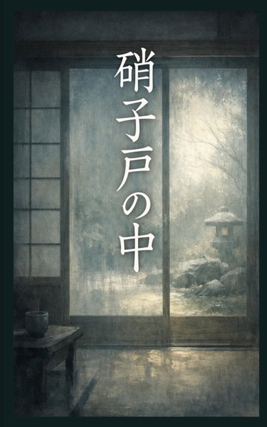 Une pièce japonaise avec des portes coulissantes, des caractères japonais dessus, vue sur un jardin avec une lanterne.