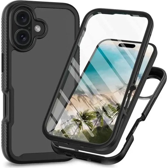 Hoesje met Ingebouwde Screenprotector Geschikt voor Apple iPhone 16 | Full Protect valbescherming | Schokbestendige Beschermhoes tegen Vallen | Shockproof | Doorzichtig / Zwart