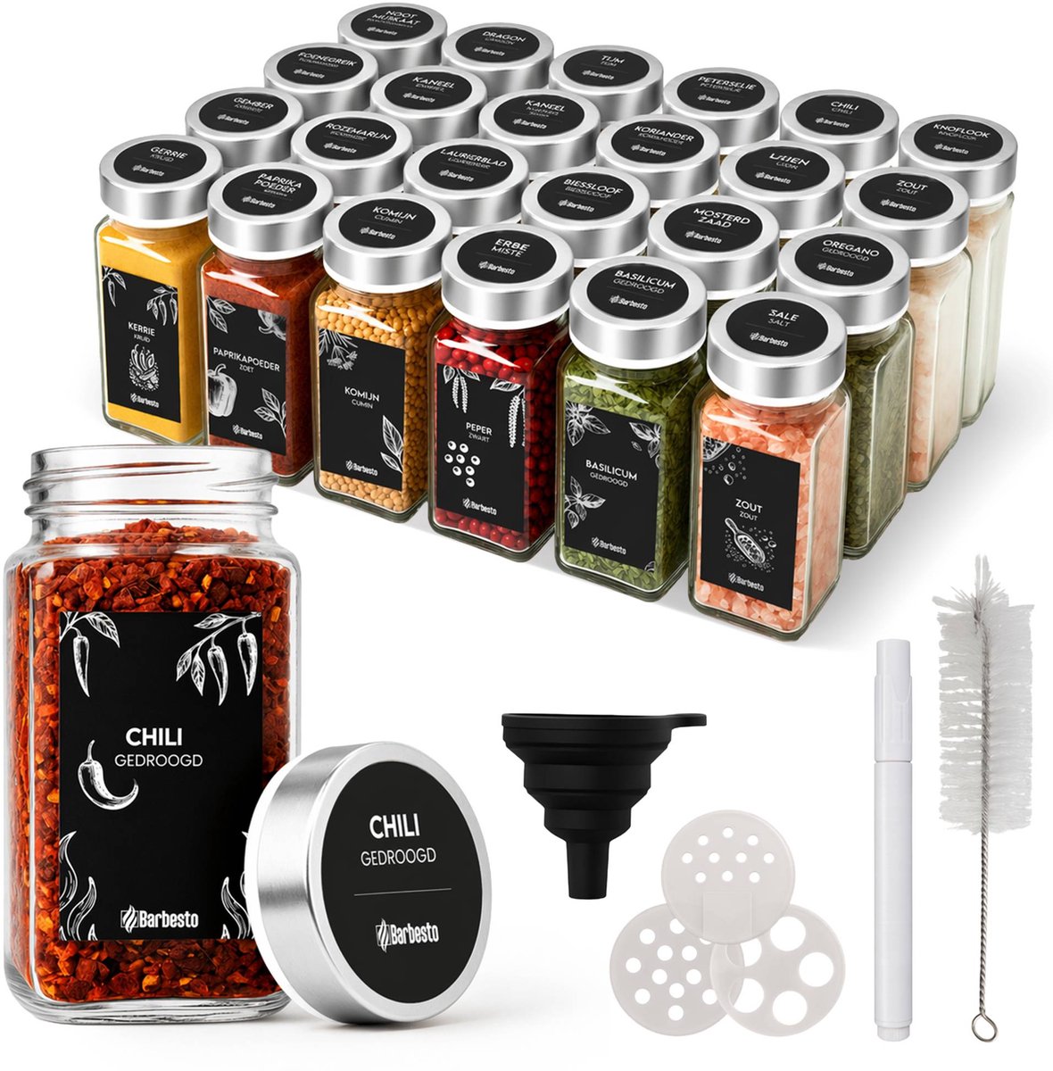 CLP Kruidenpotjes Vierkant - 24 stuks - 120 ml - Met etiketten - RVS Deksel - zilver