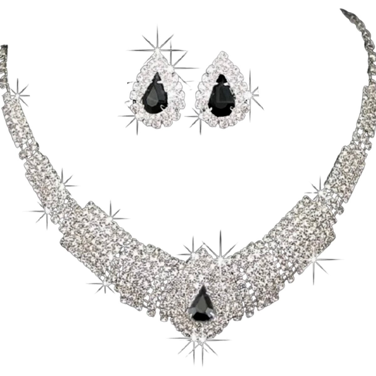 2-Delig -ketting-Oorbellen-zilverkleur- zwart-Trouwen-Charme Bijoux