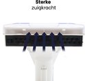 De onderkant van een opzetstuk voor een vlekkenreiniger, met pijlen die sterke zuigkracht aangeven.