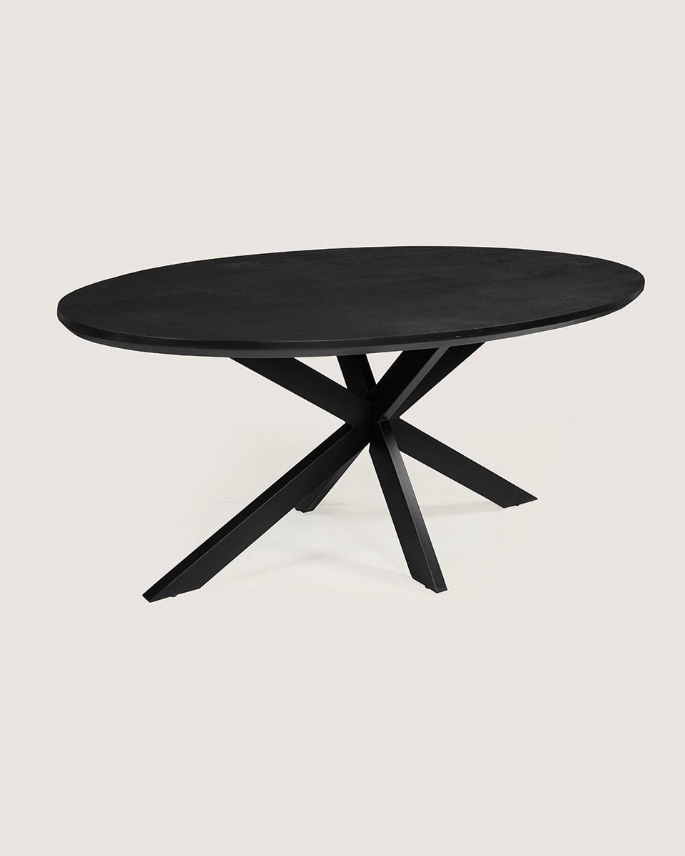 Ovale Eettafel 140 cm Mangohout – Zwart – Zwart Metalen Matrix Onderstel – Elegant Chic – 3-4 Personen