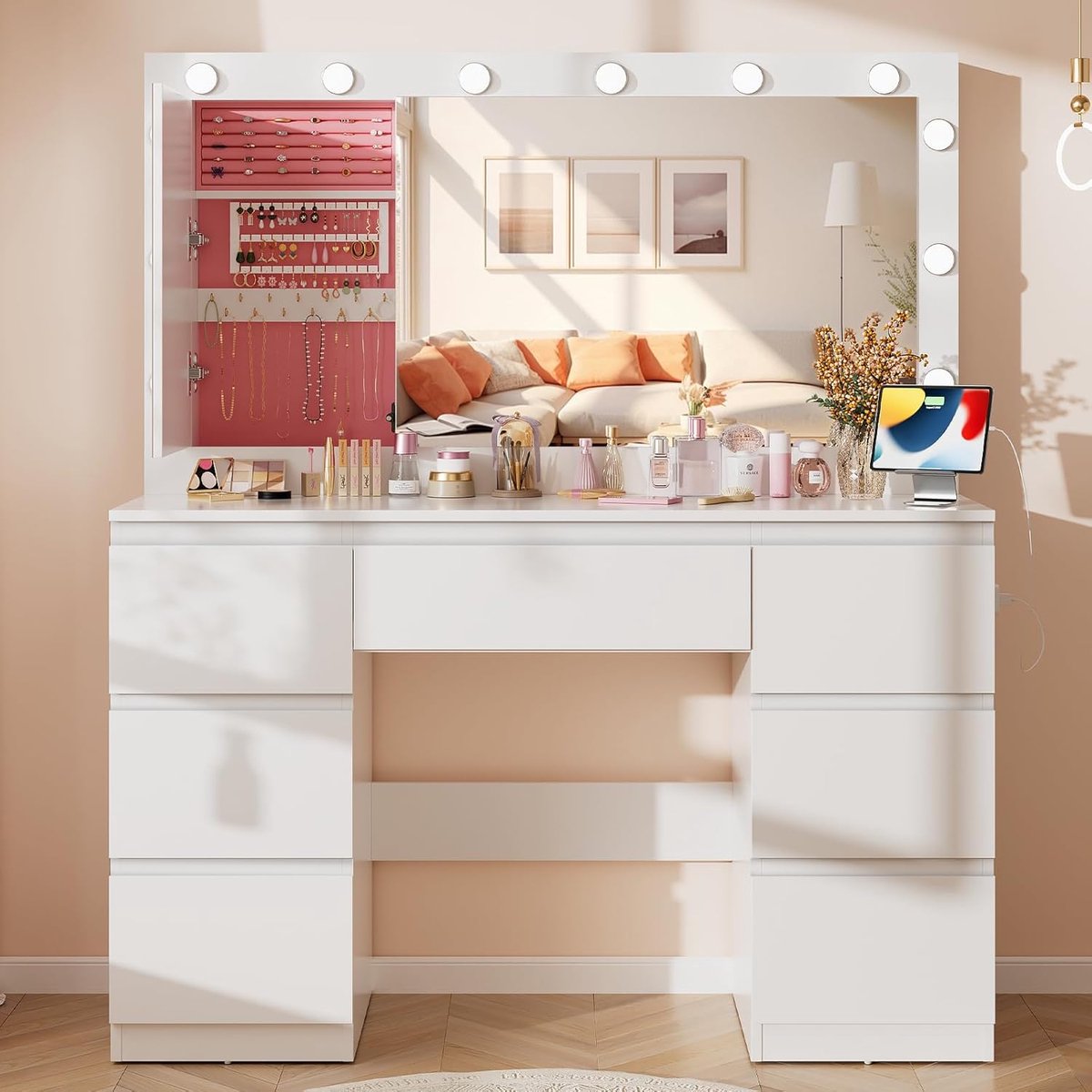 Royal Hollywood Make-uptafel met XL LED-Spiegel, Ingebouwde Sieradenkast en Oplaadstation – Luxe Kaptafel met 7 Laden & Stopcontacten – 140 x 120 x 40 cm