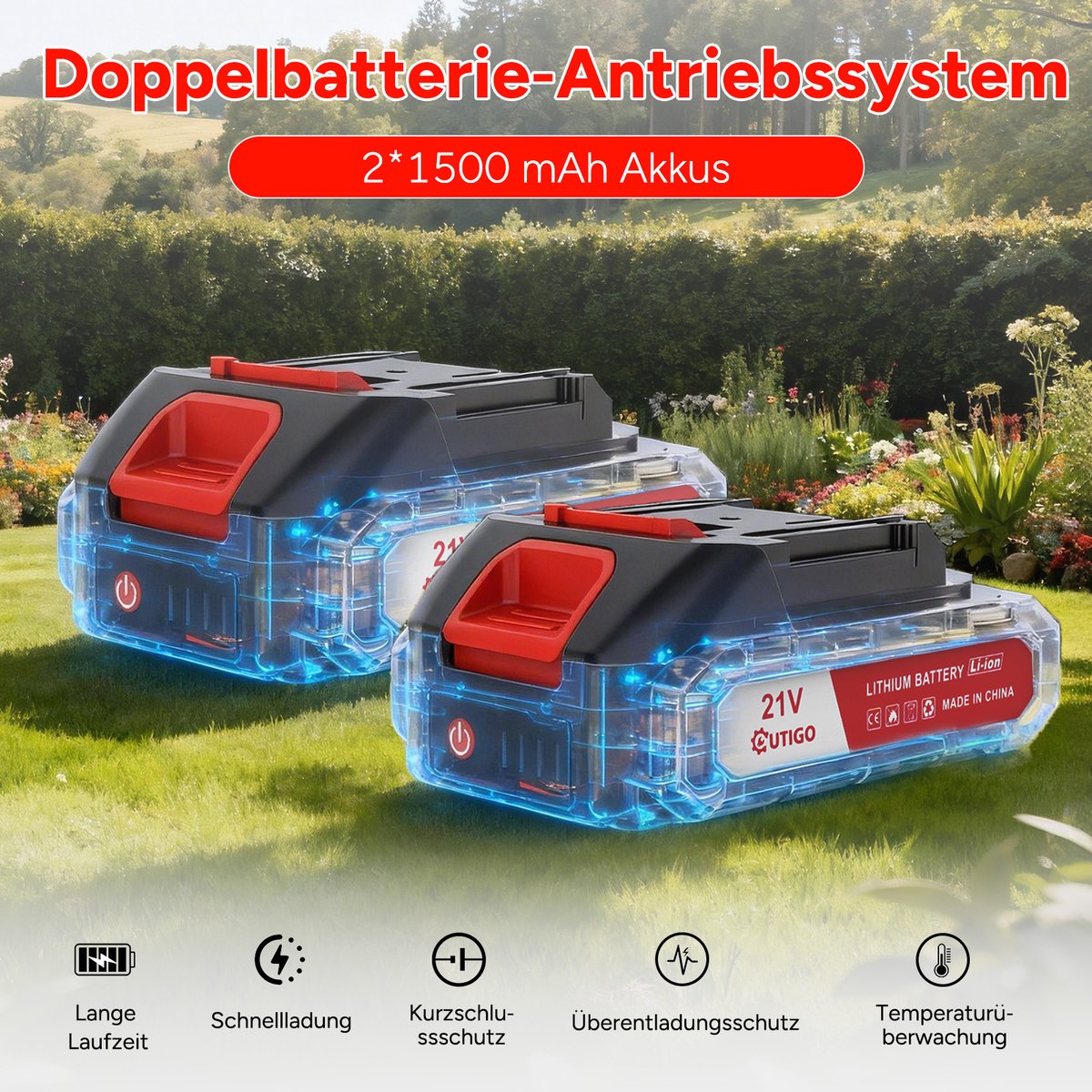 Accu grastrimmer met accu, gazonkantentrimmer met 2 accu's 21V en 4 mestypen + 1 tuinschaar, opvouwbare grasmaaier-Rood – foto 8
