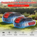 Twee rode 21V 1500 mAh accu's voor de grastrimmer, met indicatoren voor lange looptijd, snelladen, kortsluiting- en temperatuurbewaking.