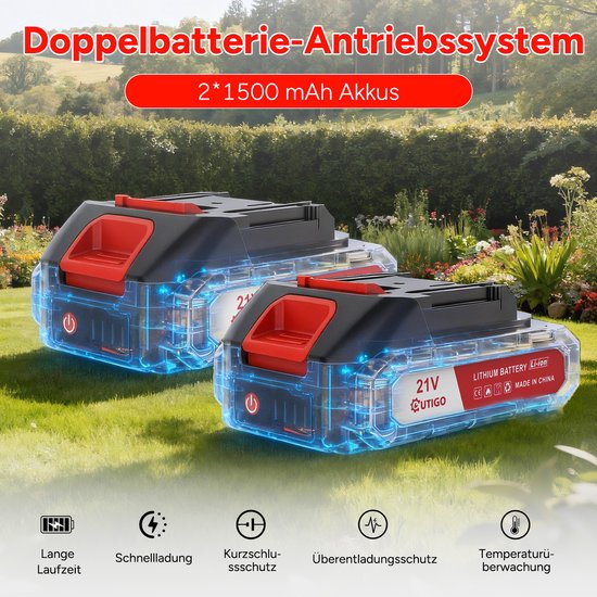Twee rode 21V 1500 mAh accu's voor de grastrimmer, met indicatoren voor lange looptijd, snelladen, kortsluiting- en temperatuurbewaking.