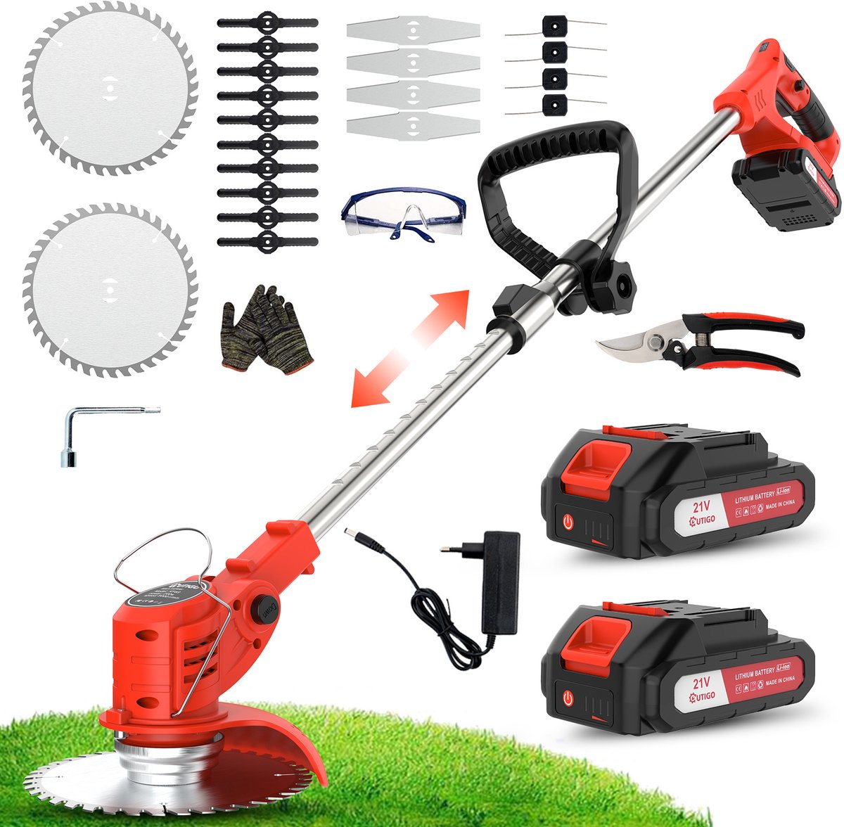 OUTIGO Accu grastrimmer met accu, verstelbare telescopische geleidehandgreep, gazonkantentrimmer met 2 accu's 21V en 4 mestypen + 1 tuinschaar
