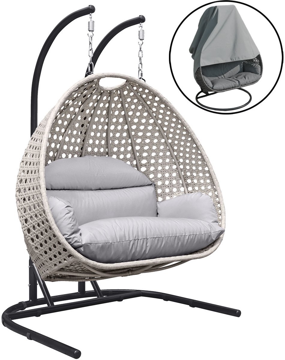 Ogarden Hangstoel Dubai Grijs met Weerhoes – 2 Persoons Hangstoel met Standaard – Grijs Basket – Luxe Grijs Kussen – Voor Binnen & Buiten