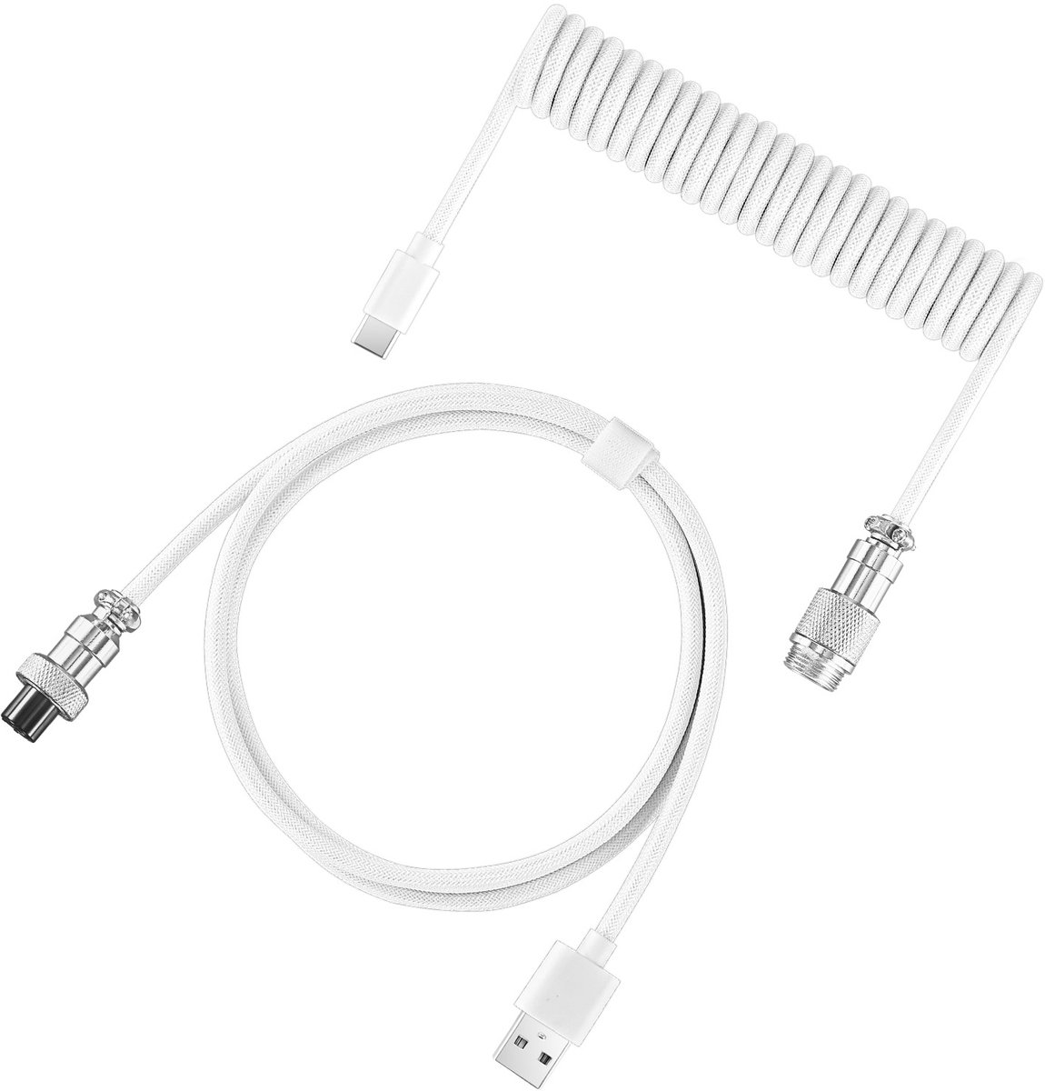 APO Electronics® - Coiled Kabel - USB-C naar USB-A - Metalen Aviator Connector - Premium Nylon Gevlochten - Snellaad & Data - Toetsenbord Kabel - Universeel - 1.65m Uitrekbaar tot 2.15m - Wit
