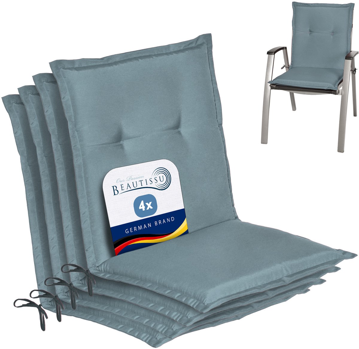 Beautissu Loft NL Stoelkussen Set 4x Lage Rugleuning 100x50 cm Duifblauw – Tuinstoelkussen UV-bestendig