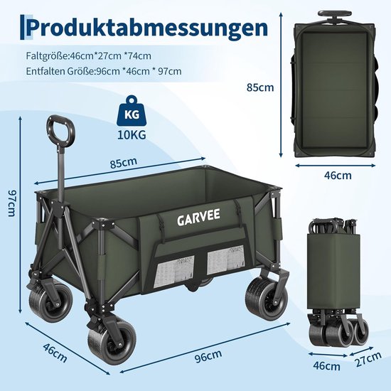 Heavy-Duty Opvouwbare Bolderkar Zwart - Draagkracht 215 kg / 280 Liter - Bolderwagen met All-Terrain Wielen, Remmen & Bagagespin - Strandkar & Kamperen - Groen — afbeelding 5