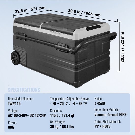 Draagbare Autokoelkast met Compressor, 115l, Dubbele Zone voor Kamperen — afbeelding 3