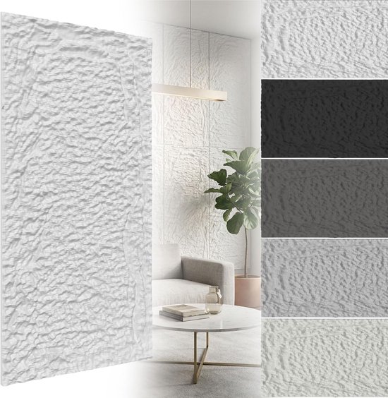 Collage van witte, steenlook wandpanelen in diverse interieurs en kleuren: wit, zwart, grijs.