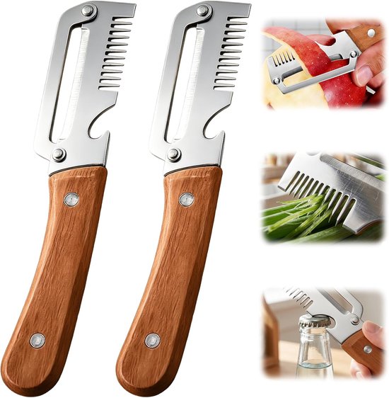 2 éplucheurs de légumes multifonctionnels pour la cuisine - Lot de 3 lames d'éplucheur et de coupe-légumes - Éplucheur avec manche en bois - Éplucheur de fruits et légumes - Pour la transformation des fruits et légumes en cuisine